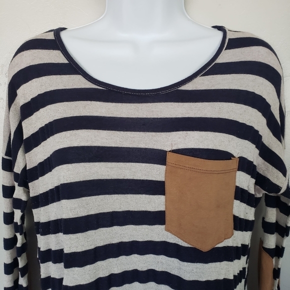 Lollipop Star Small Long Sleeve Tunic Dress Grey Navy Stripes Tan Elbow Patches - Picture 4 of 6